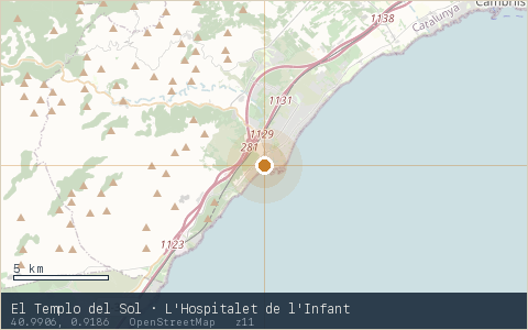 Location map for El Templo del Sol · L'Hospitalet de l'Infant, marker at 40.9906, 0.9186.