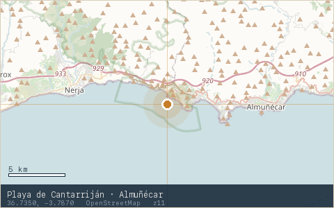 Location map for Playa de Cantarriján · Almuñécar, marker at 36.7350, -3.7870.