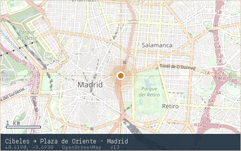Location map for Cibeles → Plaza de Oriente · Madrid, marker at 40.4190, -3.6930.