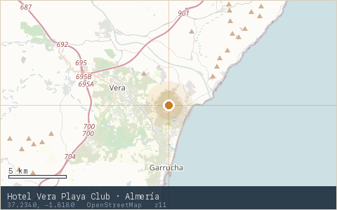 Location map for Hotel Vera Playa Club · Almería, marker at 37.2340, -1.8180.