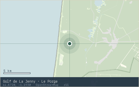 Location map for Golf de La Jenny · Le Porge, marker at 44.8720, -1.1930.
