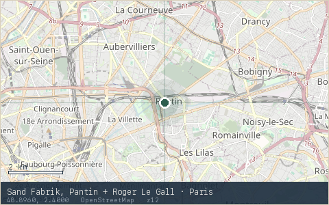 Location map for Sand Fabrik, Pantin + Roger Le Gall · Paris, marker at 48.8960, 2.4000.