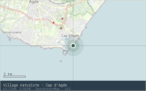 Location map for Village naturiste · Cap d'Agde, marker at 43.2760, 3.5150.