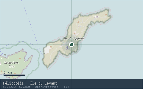 Location map for Héliopolis · Île du Levant, marker at 43.0230, 6.4660.