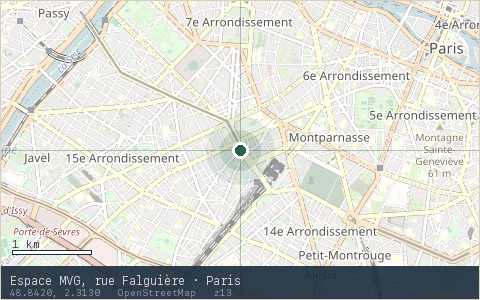 Location map for Espace MVG, rue Falguière · Paris, marker at 48.8420, 2.3130.