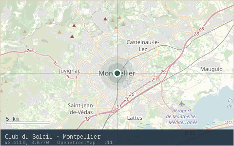 Location map for Club du Soleil · Montpellier, marker at 43.6110, 3.8770.