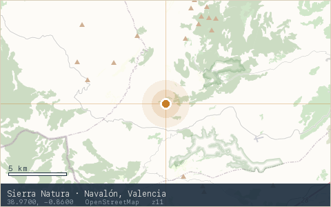 Location map for Sierra Natura · Navalón, Valencia, marker at 38.9700, -0.8600.