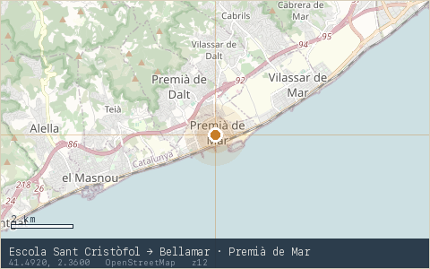 Location map for Escola Sant Cristòfol → Bellamar · Premià de Mar, marker at 41.4920, 2.3600.
