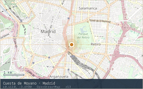 Location map for Cuesta de Moyano · Madrid, marker at 40.4110, -3.6900.