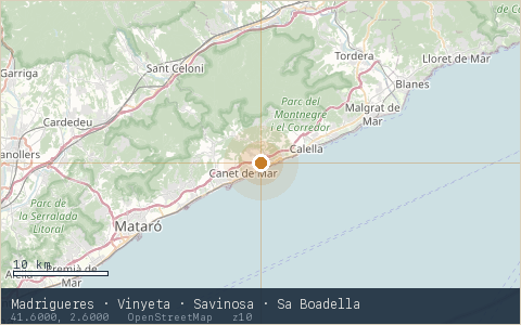 Location map for Madrigueres · Vinyeta · Savinosa · Sa Boadella, marker at 41.6000, 2.6000.