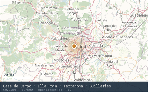 Location map for Casa de Campo · Illa Roja · Tarragona · Guilleries, marker at 40.4180, -3.7500.