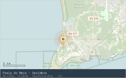 Location map for Praia do Meco · Sesimbra, marker at 38.4780, -9.1830.