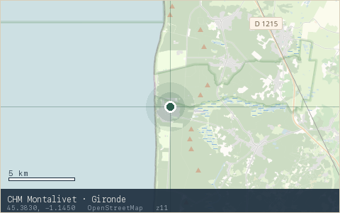 Location map for CHM Montalivet · Gironde, marker at 45.3830, -1.1450.