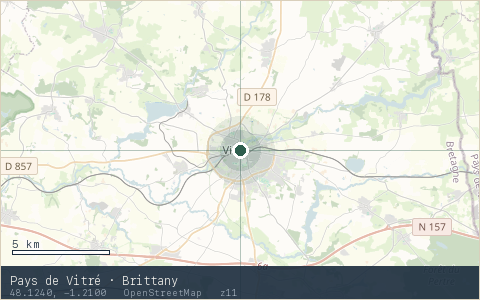Location map for Pays de Vitré · Brittany, marker at 48.1240, -1.2100.