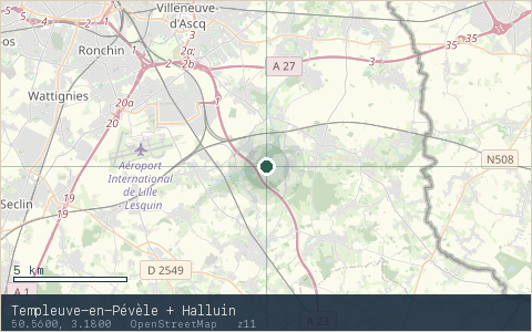 Location map for Templeuve-en-Pévèle + Halluin, marker at 50.5600, 3.1800.