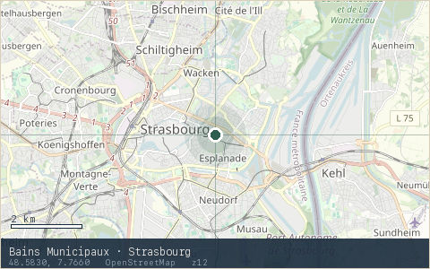 Location map for Bains Municipaux · Strasbourg, marker at 48.5830, 7.7660.