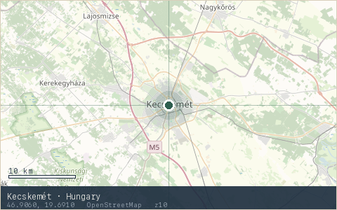 Location map for Kecskemét · Hungary, marker at 46.9060, 19.6910.