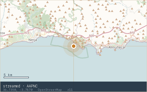 Location map for streamed · AAPNC, marker at 36.7350, -3.7870.