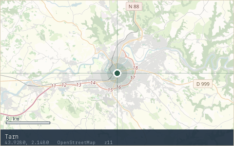 Location map for Tarn, marker at 43.9280, 2.1480.