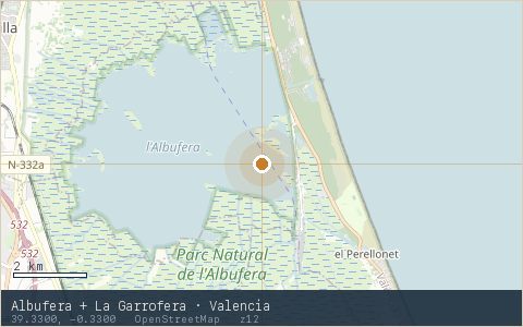 Location map for Albufera + La Garrofera · Valencia, marker at 39.3300, -0.3300.