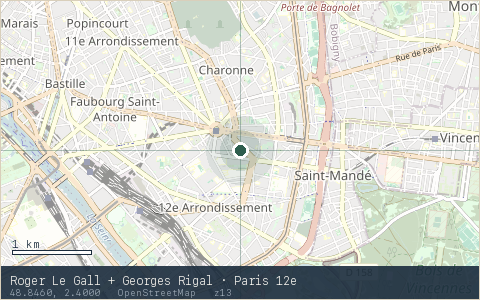 Location map for Roger Le Gall + Georges Rigal · Paris 12e, marker at 48.8460, 2.4000.