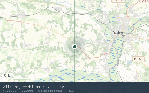 Location map for Allaire, Morbihan · Brittany, marker at 47.6300, -2.1800.