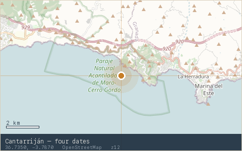 Location map for Cantarriján — four dates, marker at 36.7350, -3.7870.