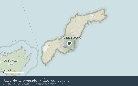 Location map for Port de l'Ayguade · Île du Levant, marker at 43.0230, 6.4660.