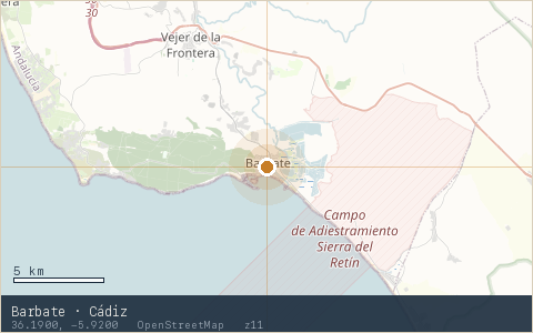 Location map for Barbate · Cádiz, marker at 36.1900, -5.9200.