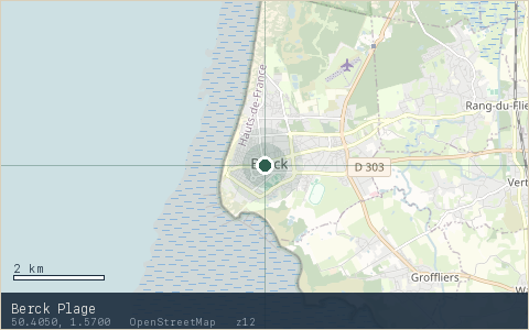 Location map for Berck Plage, marker at 50.4050, 1.5700.
