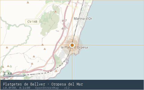 Location map for Platgetes de Bellver · Oropesa del Mar, marker at 40.0900, 0.1400.