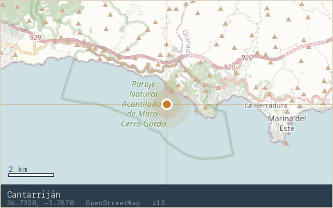 Location map for Cantarriján, marker at 36.7350, -3.7870.