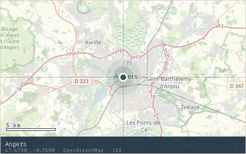 Location map for Angers, marker at 47.4730, -0.5550.