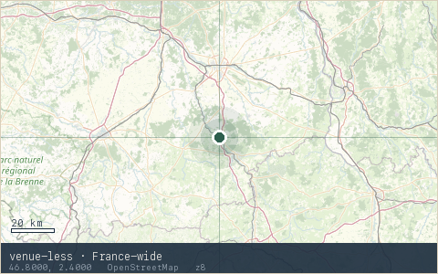 Location map for venue-less · France-wide, marker at 46.8000, 2.4000.