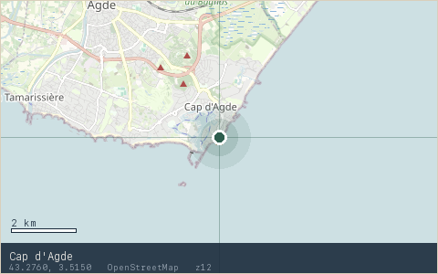 Location map for Cap d'Agde, marker at 43.2760, 3.5150.