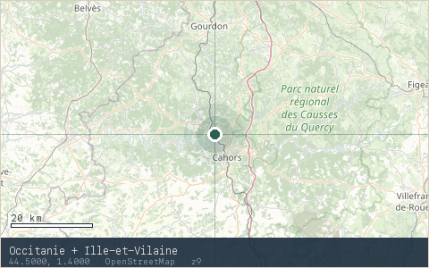 Location map for Occitanie + Ille-et-Vilaine, marker at 44.5000, 1.4000.