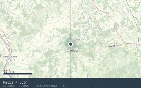 Location map for Paris + Lyon, marker at 47.5000, 3.5000.