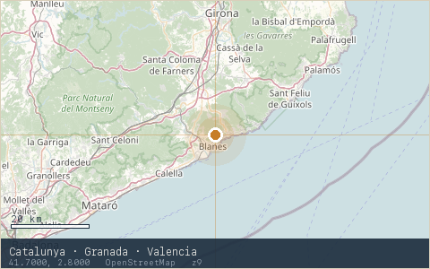 Location map for Catalunya · Granada · Valencia, marker at 41.7000, 2.8000.