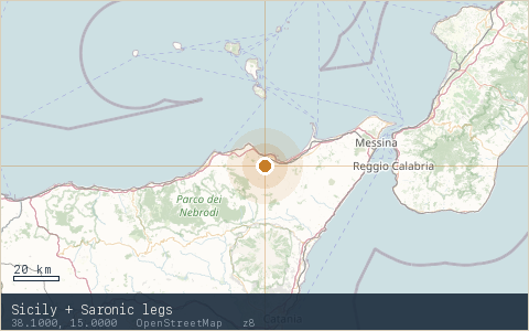 Location map for Sicily + Saronic legs, marker at 38.1000, 15.0000.
