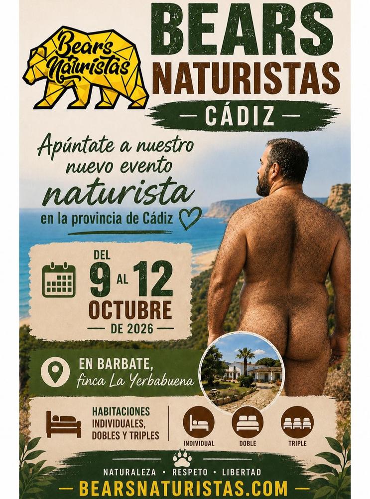 🐻🌿 **¡Nuevo destino Bears Naturistas 2026!** 🌿🐻 Del **9 al 12 de octubre** nos escapamos a **Barbate (Cádiz)** para disfrutar del Puente del