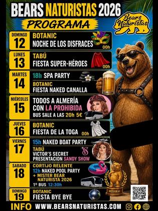 🐻 BEARS NATURISTAS 2026 | PROGRAMA OFICIAL 10 -20 JULIO 🎭 Noche de los Disfraces 🦸 Fiesta Superhéroes 🧖 Spa Pa