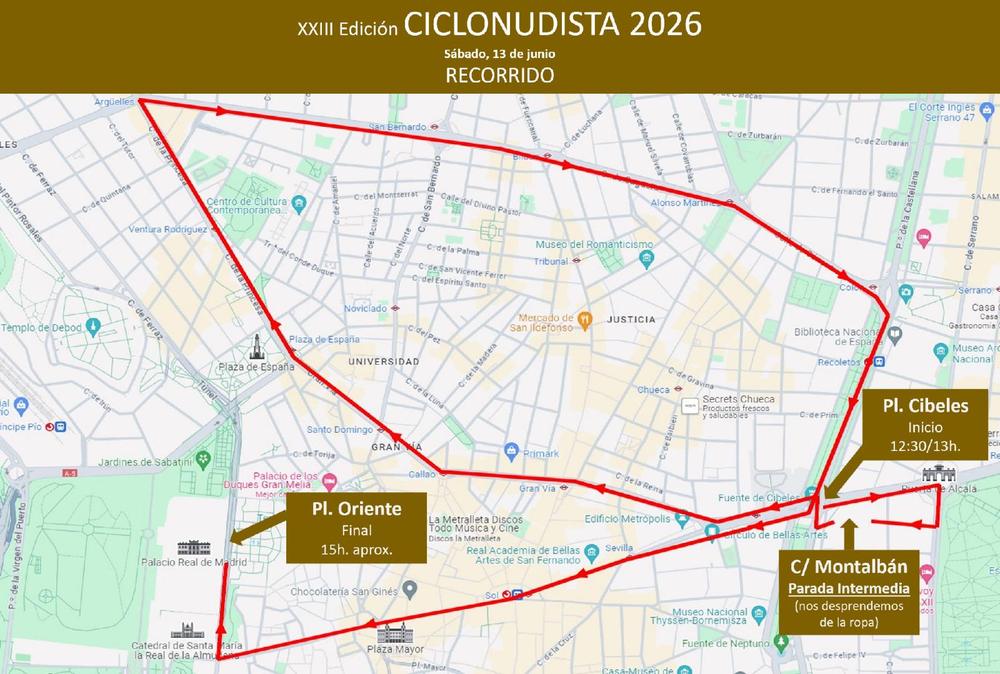 Official XXIII Ciclonudista Madrid 2026 route map: start Plaza de Cibeles 12:30/13h, intermediate stop Calle Montalbán, finish Plaza de Oriente approx 15h.