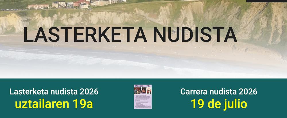 Official bilingual announcement banner for the 2026 Sopela nudist race over an aerial photo of Barinatxe beach: Lasterketa nudista 2026, uztailaren 19a / Carrera nudista 2026, 19 de julio.