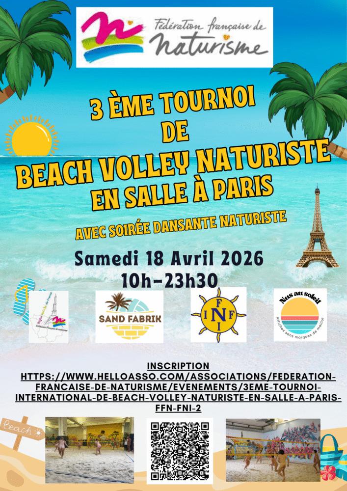 Official FFN poster for the 3rd international indoor naturist beach volleyball tournament, Pantin, 18 April 2026.