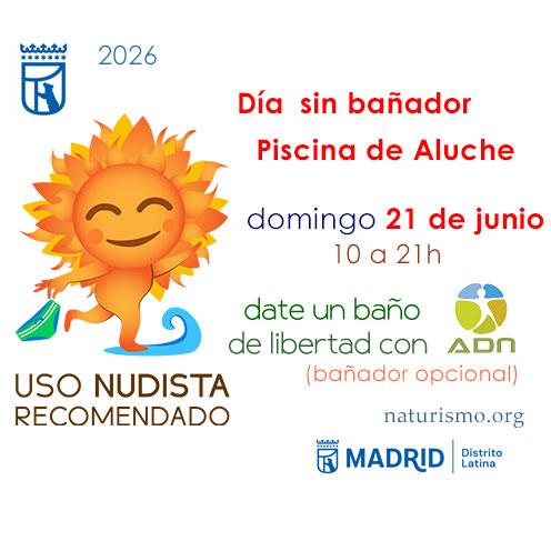 FEN campaign graphic for the Día Sin Bañador at the Aluche pool, Madrid, 21 June 2026.