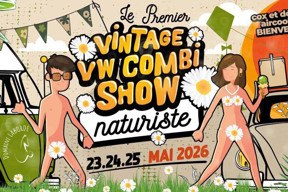 Flower-power styled promotional poster for the first naturist VW camper gathering at Domaine Laborde.